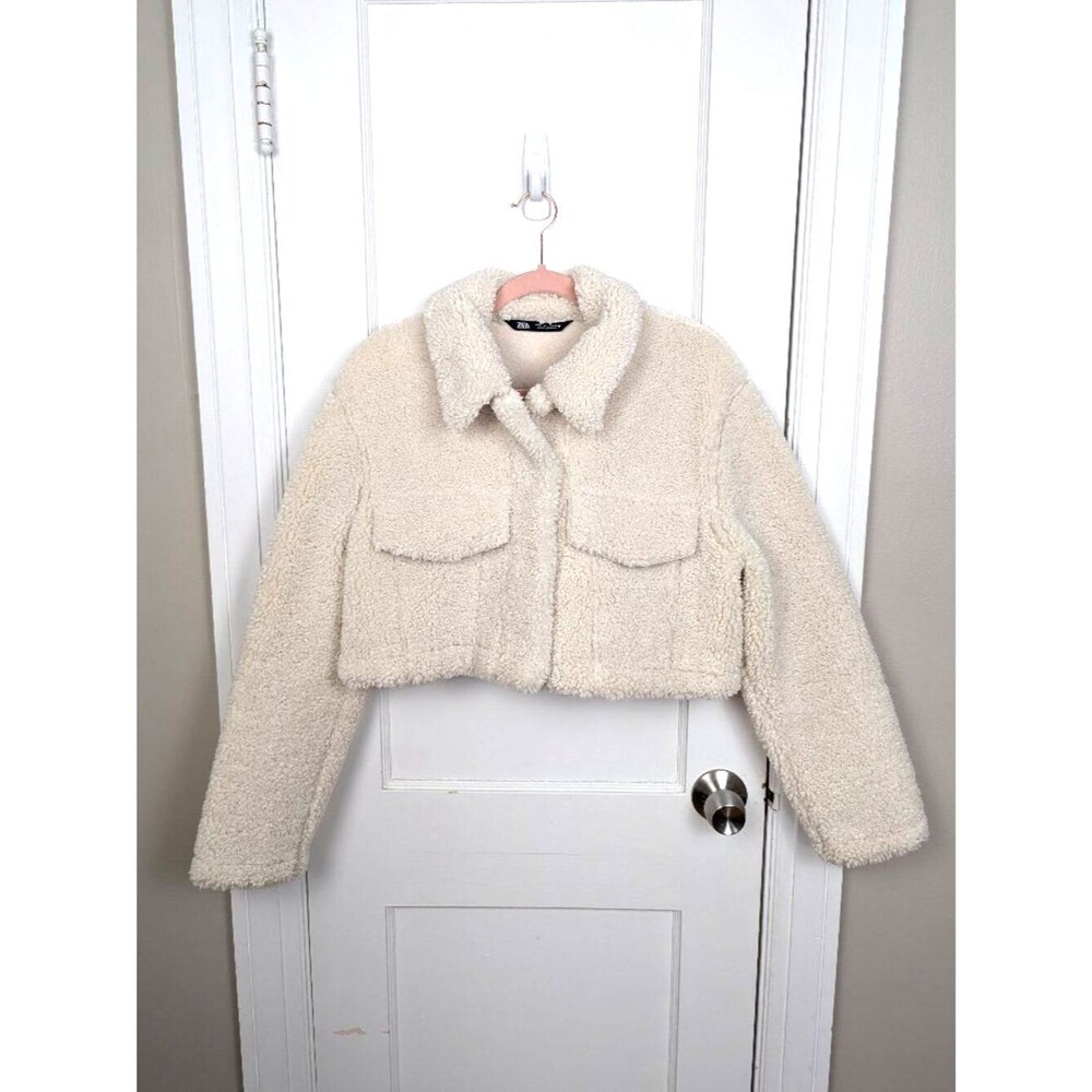 Zara Cropped Teddy Sherpa Jacket Cream Off-White Snap Button Fleece Coat L